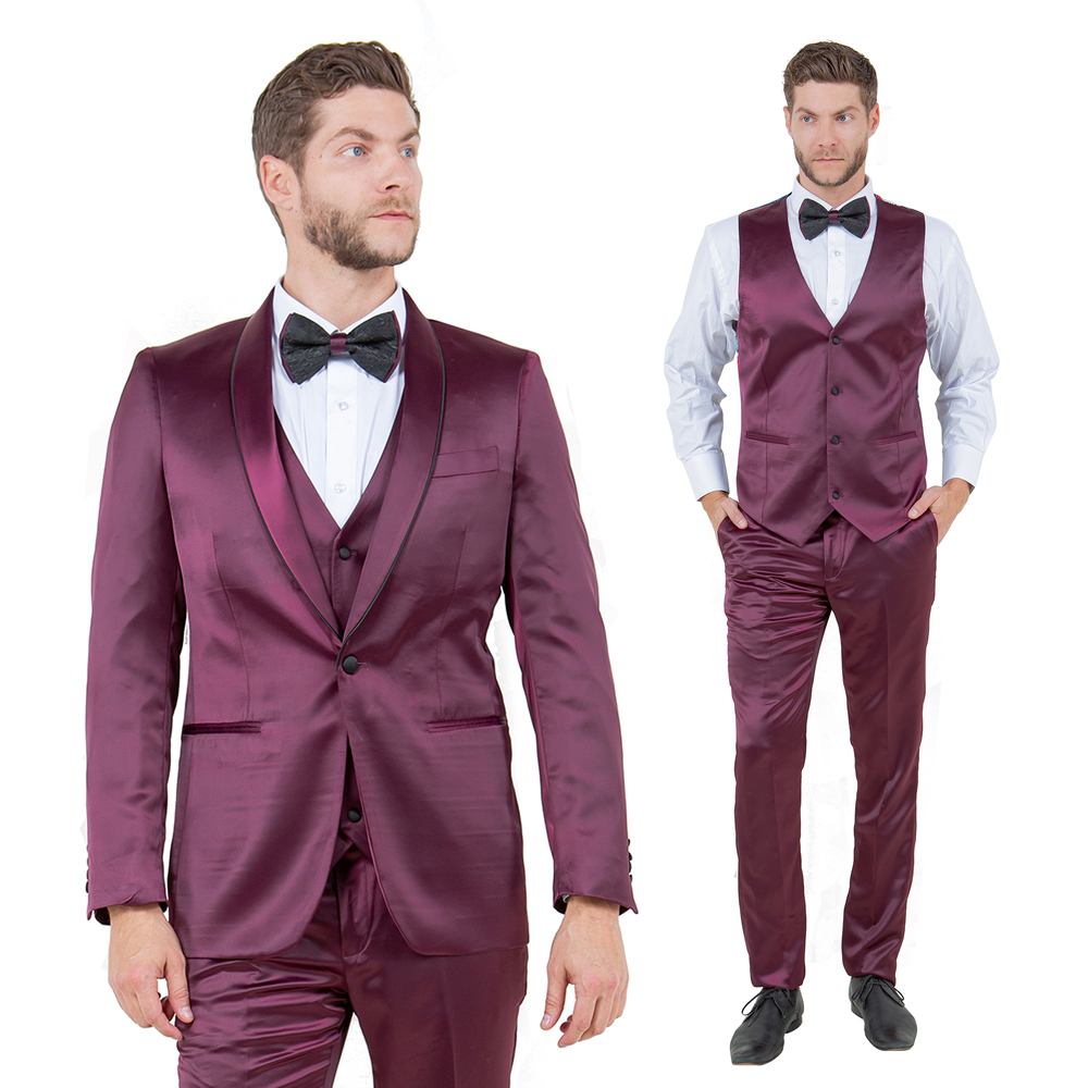 Skinny Fit 3pc Mens Satin Suit Set w/ Bowtie by Tazzio, Burgundy